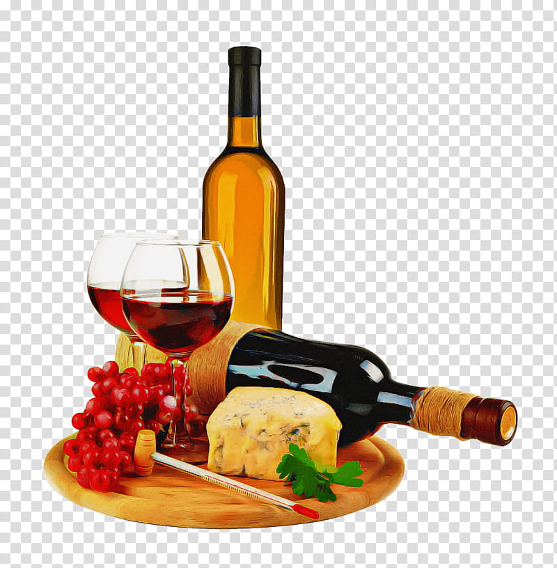 Wine bottle, two glasses of red wine, grapes, blue cheese, and herbs on a wooden serving board.