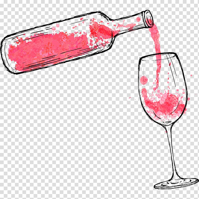 Hand-drawn illustration of red wine being poured from a bottle into a wine glass with splashes and watercolor texture.