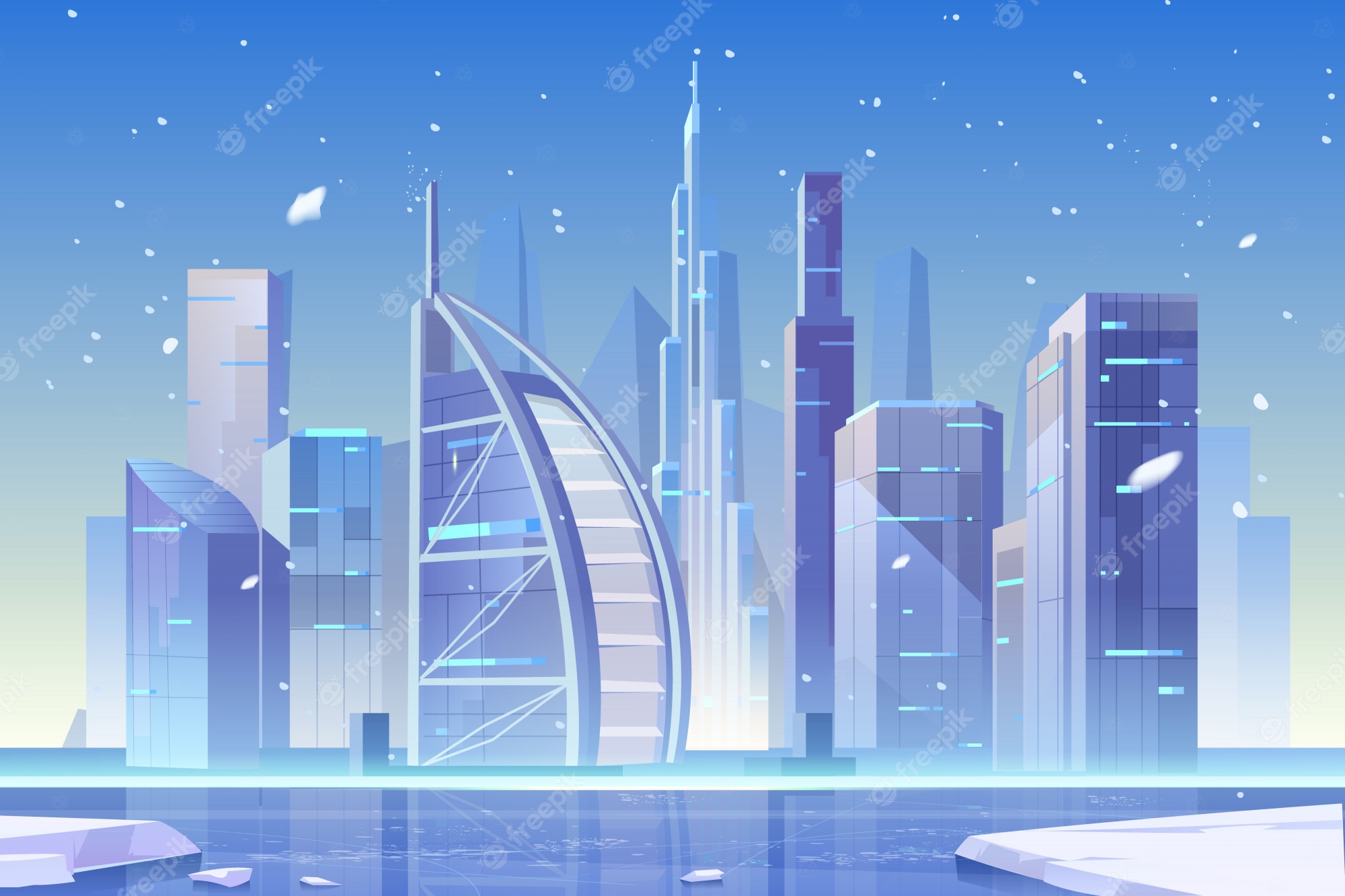 Futuristic icy cityscape with sleek skyscrapers, snowflakes, and reflective water under a gradient blue sky.