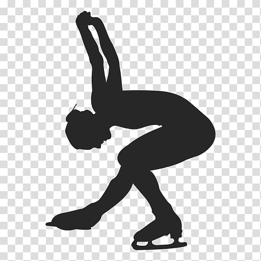 Silhouette of a figure skater in a dynamic pose, arms raised, one leg extended forward on ice skates.