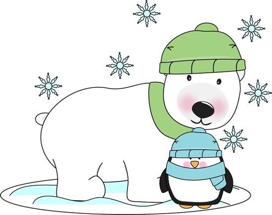 A friendly polar bear wearing a green hat and scarf stands beside a small penguin in a blue hat and scarf, surrounded by snowflakes.
