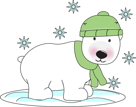 Cute cartoon polar bear wearing green hat and scarf, standing on ice with snowflakes falling around.