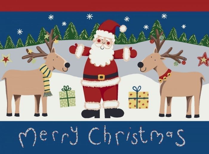 Santa Claus with two reindeer and gift boxes in a snowy forest scene, festive Christmas illustration.