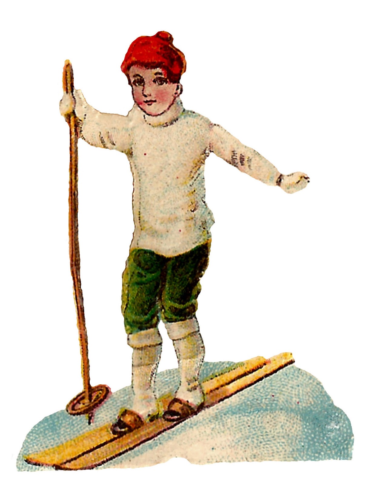 Vintage illustration of a boy skiing in red cap, white sweater, green pants, holding a ski pole on snowy slope.