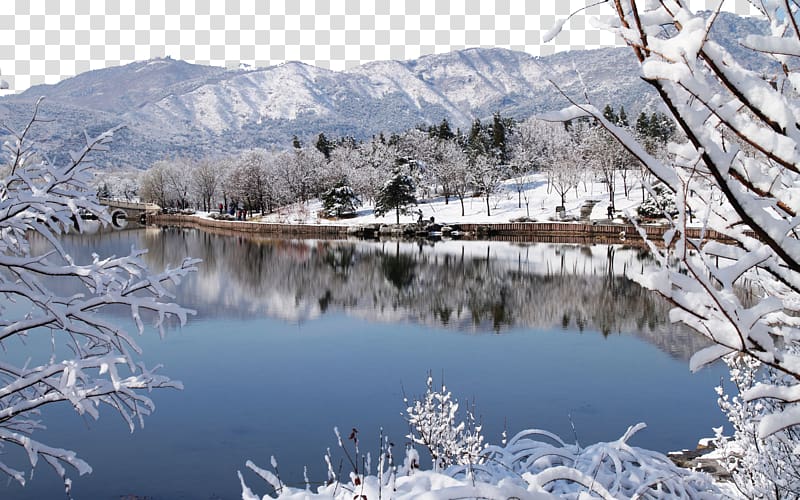 Snow-covered trees frame a serene winter lake with mountain reflections and a wooden walkway.