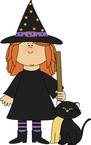 A cartoon witch with orange hair, black pointed hat with yellow dots, holding a broomstick beside a black cat wearing a yellow scarf.