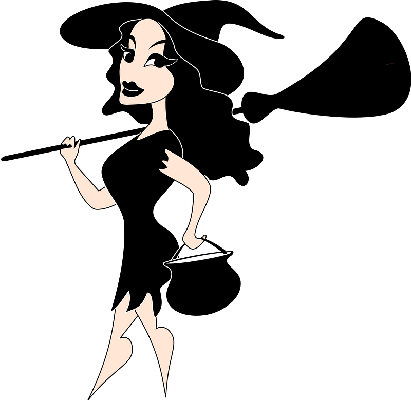 Stylish cartoon witch in black dress and hat, holding broomstick and cauldron, walking confidently.