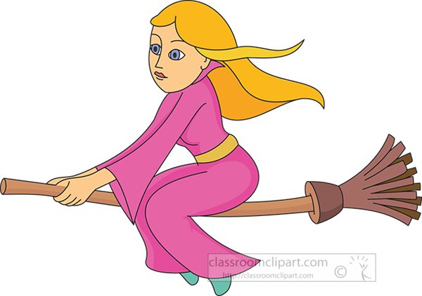 A cartoon witch with long blonde hair in a pink robe flying on a broomstick.