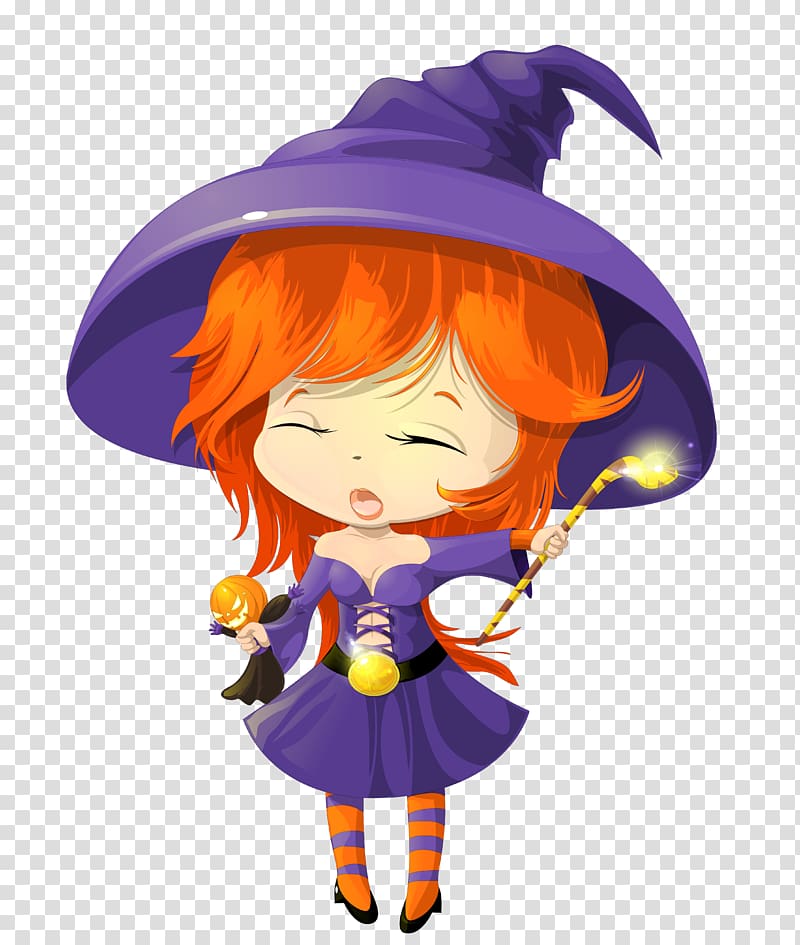 Chibi-style witch with orange hair, purple hat and dress, holding glowing wand and jack-o'-lantern.