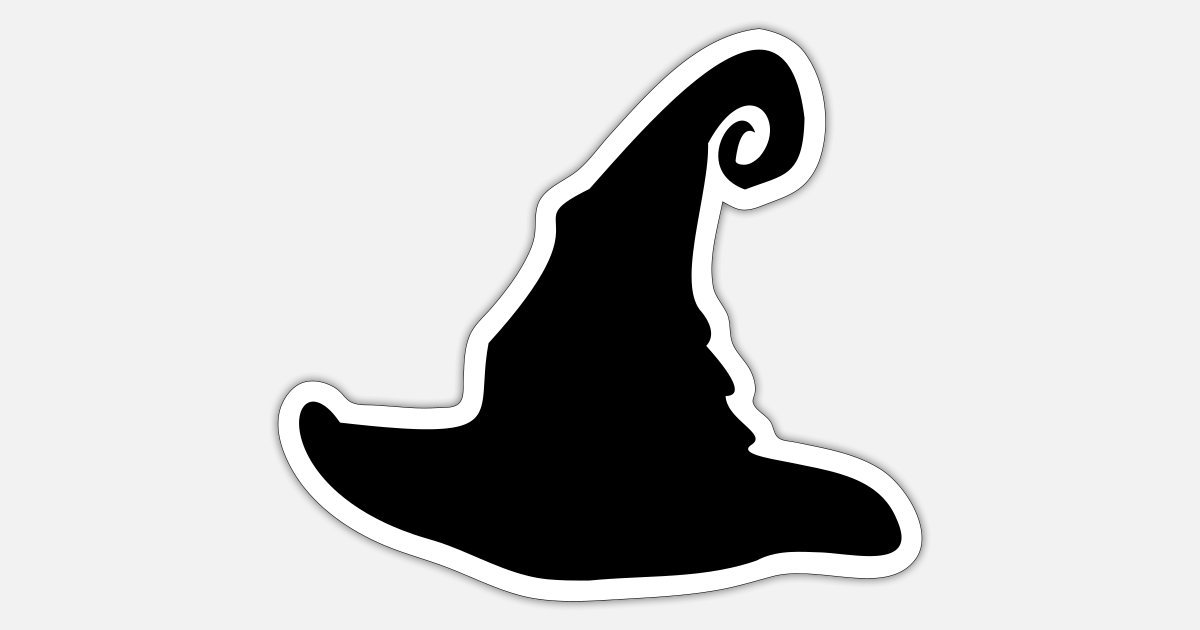 Black witch hat silhouette with white border and curled brim, stylized for Halloween or magical themes.