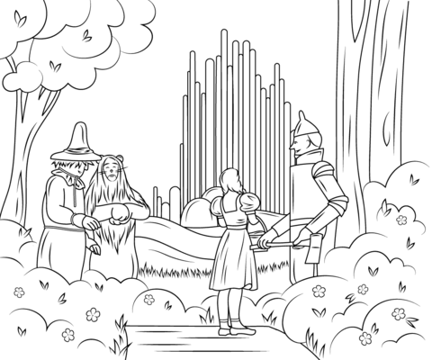 Four characters from The Wizard of Oz-Scarecrow, Tin Man, Dorothy, and Cowardly Lion-stand before the Emerald City gates in a forest setting.