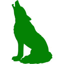 Green silhouette of a howling dog sitting upright against white background.