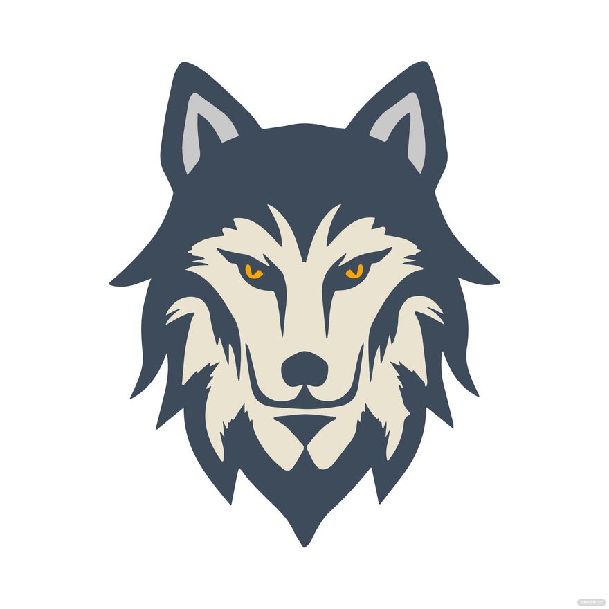 Stylized wolf head logo with dark gray fur, cream facial markings, and piercing orange eyes on white background.