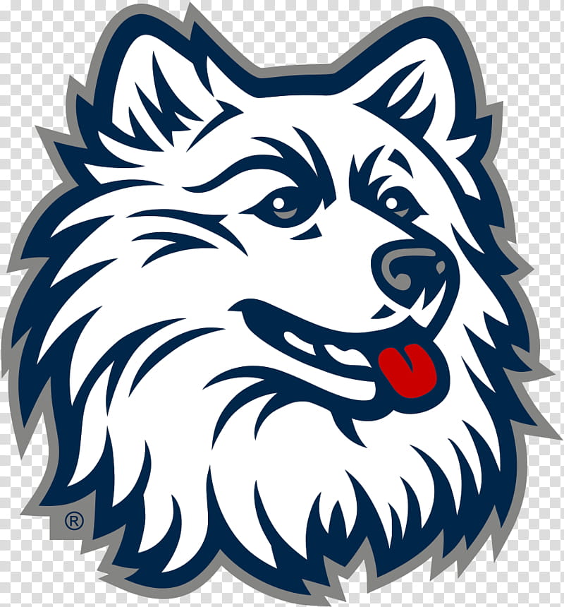 Stylized white husky mascot head with navy blue outlines, red tongue, and confident expression.