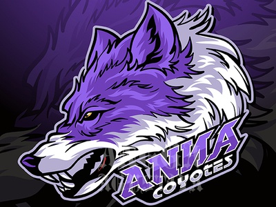 Purple and white coyote mascot head with "ANNA COYOTES" text, fierce expression, stylized sports logo.