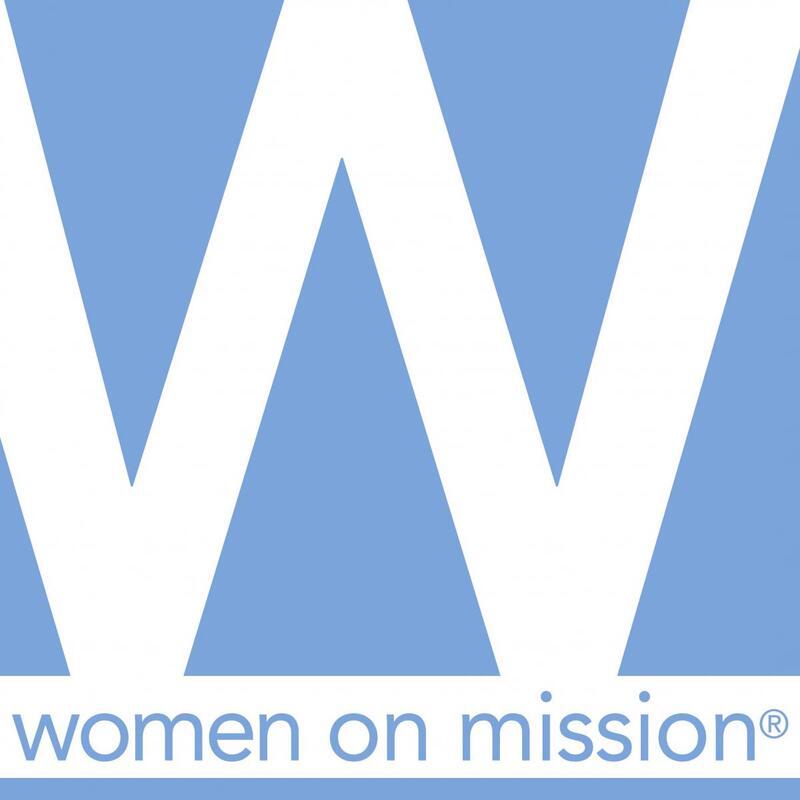 Women on Mission logo featuring a stylized blue "W" with white negative space and text below.