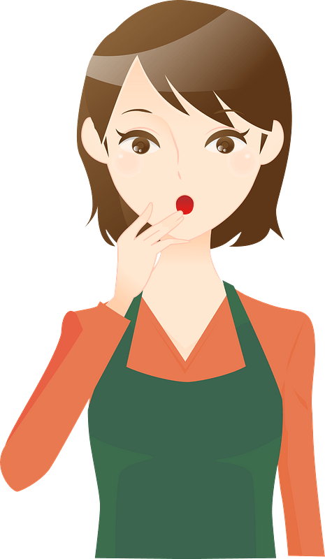 Surprised woman in green apron and orange shirt covering her mouth with hand.