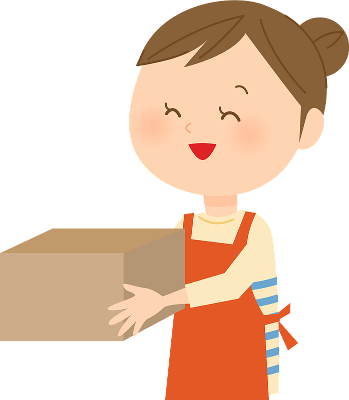 Smiling woman in orange apron holding a cardboard box, ready to pack or deliver.