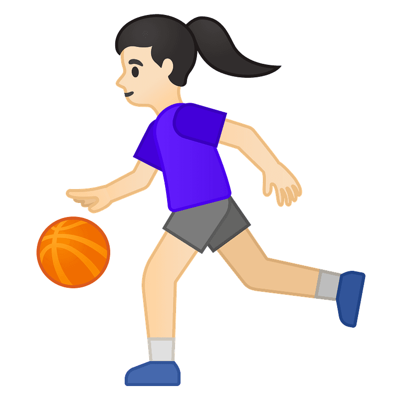 Female basketball player dribbling orange ball in purple jersey and gray shorts, mid-stride with ponytail.