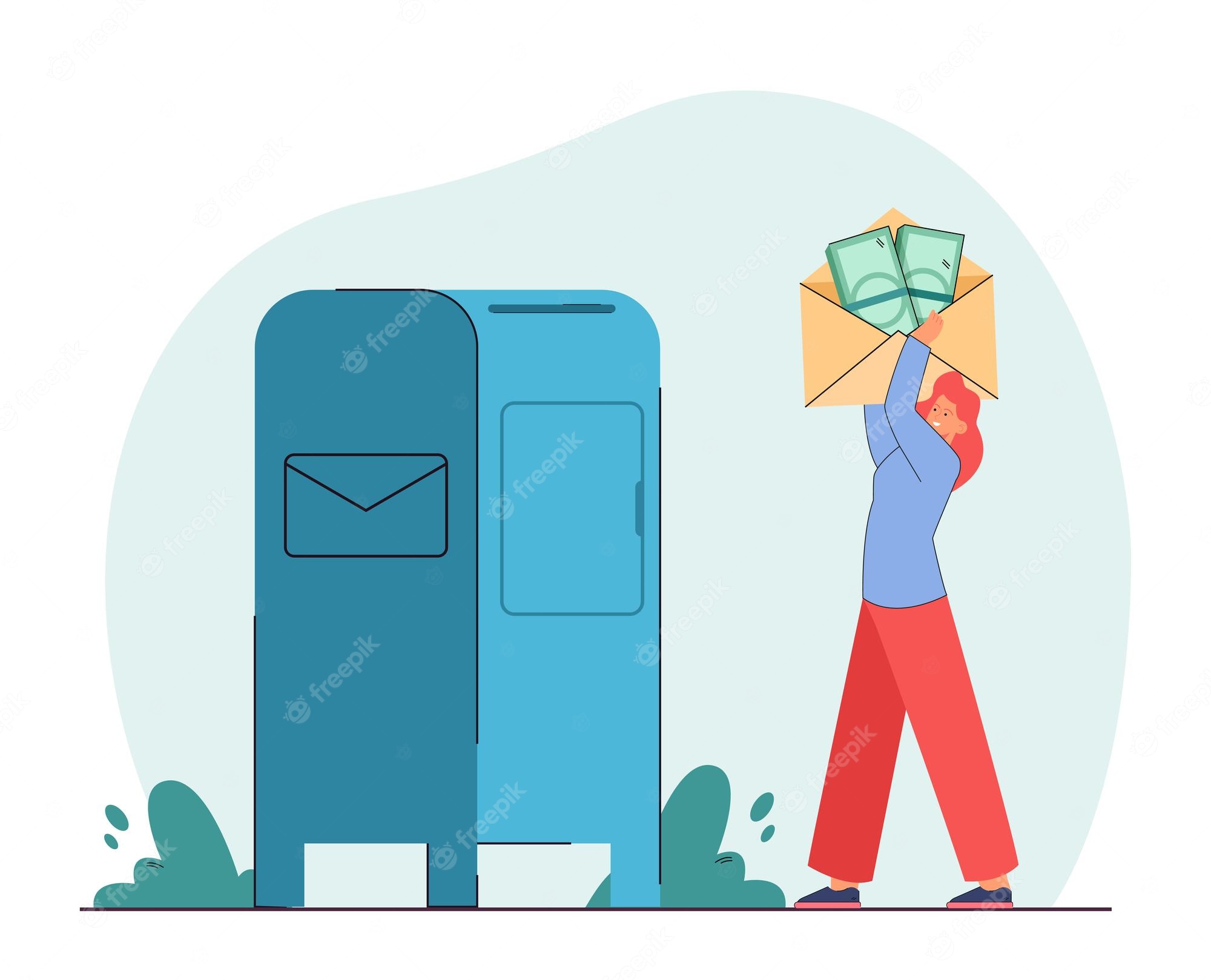 A woman joyfully lifts an envelope full of cash beside a blue mailbox and digital device, symbolizing financial transactions or donations.
