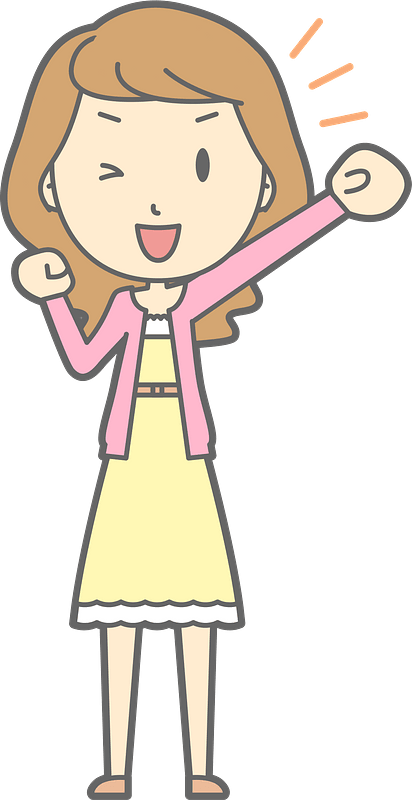 Cheerful cartoon woman with raised fist, winking and smiling, wearing yellow dress and pink cardigan.