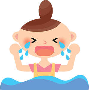 A cartoon girl with brown hair in a bun, crying with tears streaming down her face while partially submerged in water.