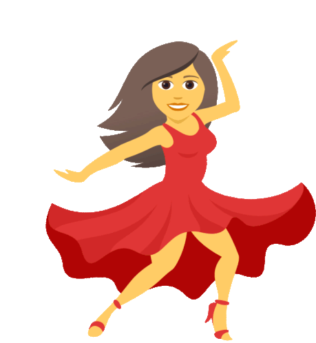 A smiling woman in a flowing red dress dancing joyfully with arms raised and hair in motion against a soft pink background.