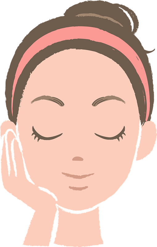 Serene woman with closed eyes, wearing pink headband, gently touching her cheek in a self-care moment.