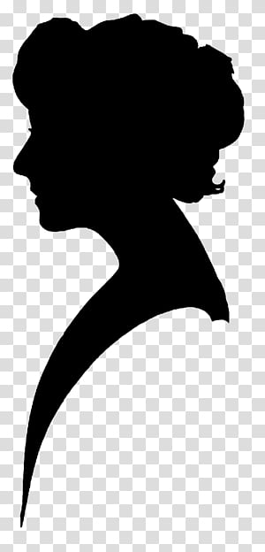 Silhouette of a woman’s profile with elegant updo hairstyle and refined necklines, in black against transparent background.
