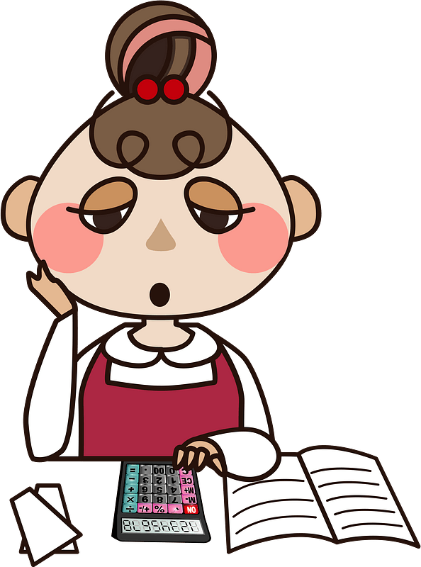 Tired cartoon woman in apron using calculator and ledger, looking overwhelmed by finances or accounting work.
