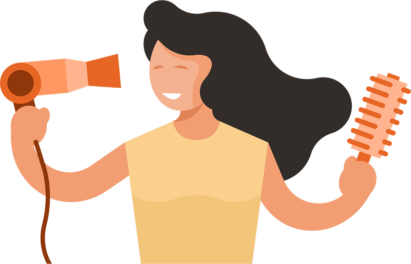 A smiling woman with long dark hair blow-dries and brushes her hair using an orange hairdryer and brush against a green background.