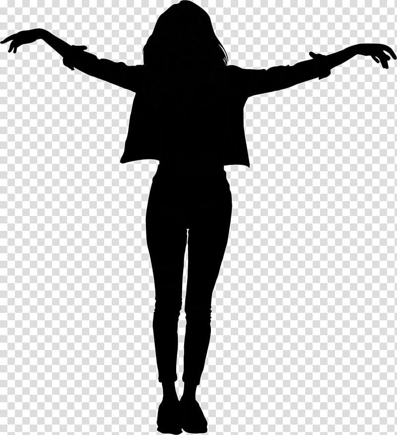 Silhouette of a woman standing with arms outstretched, back facing viewer, wearing cropped jacket and pants.