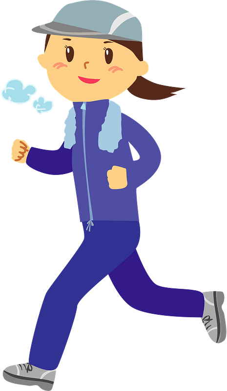 A smiling woman jogging in sportswear with a cap and towel, exhaling breath clouds.