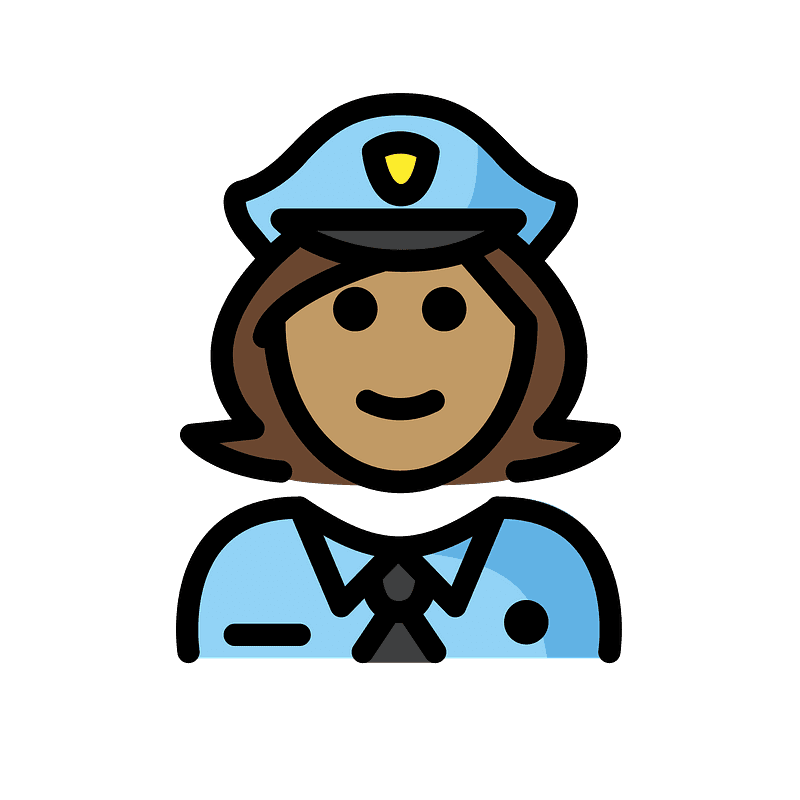 Smiling female police officer icon in blue uniform and cap with badge