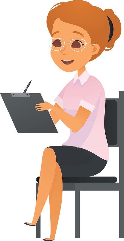 A smiling woman with glasses sits on a chair, holding a clipboard and pen, dressed in a pink blouse and black skirt.
