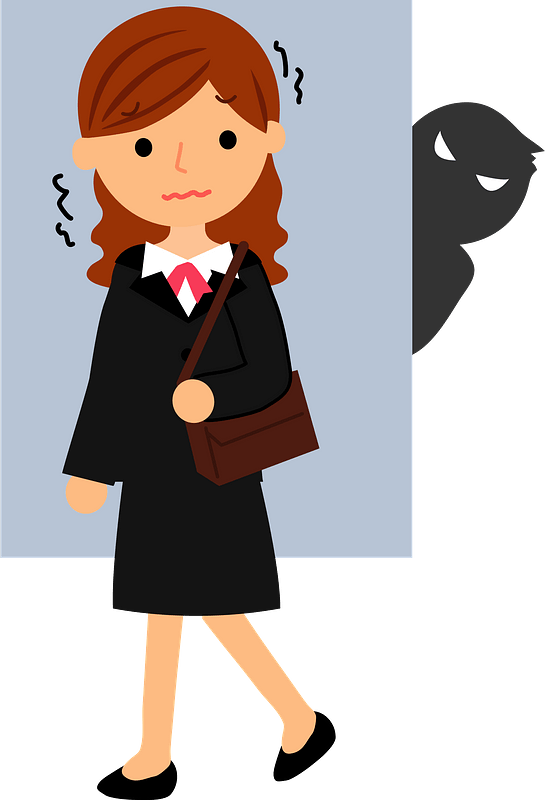 A worried woman in a business suit walks past a shadowy figure peeking from behind a wall.