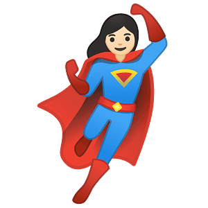Female superhero in blue suit with red cape and yellow 'S' emblem, flying dynamically with fist raised.