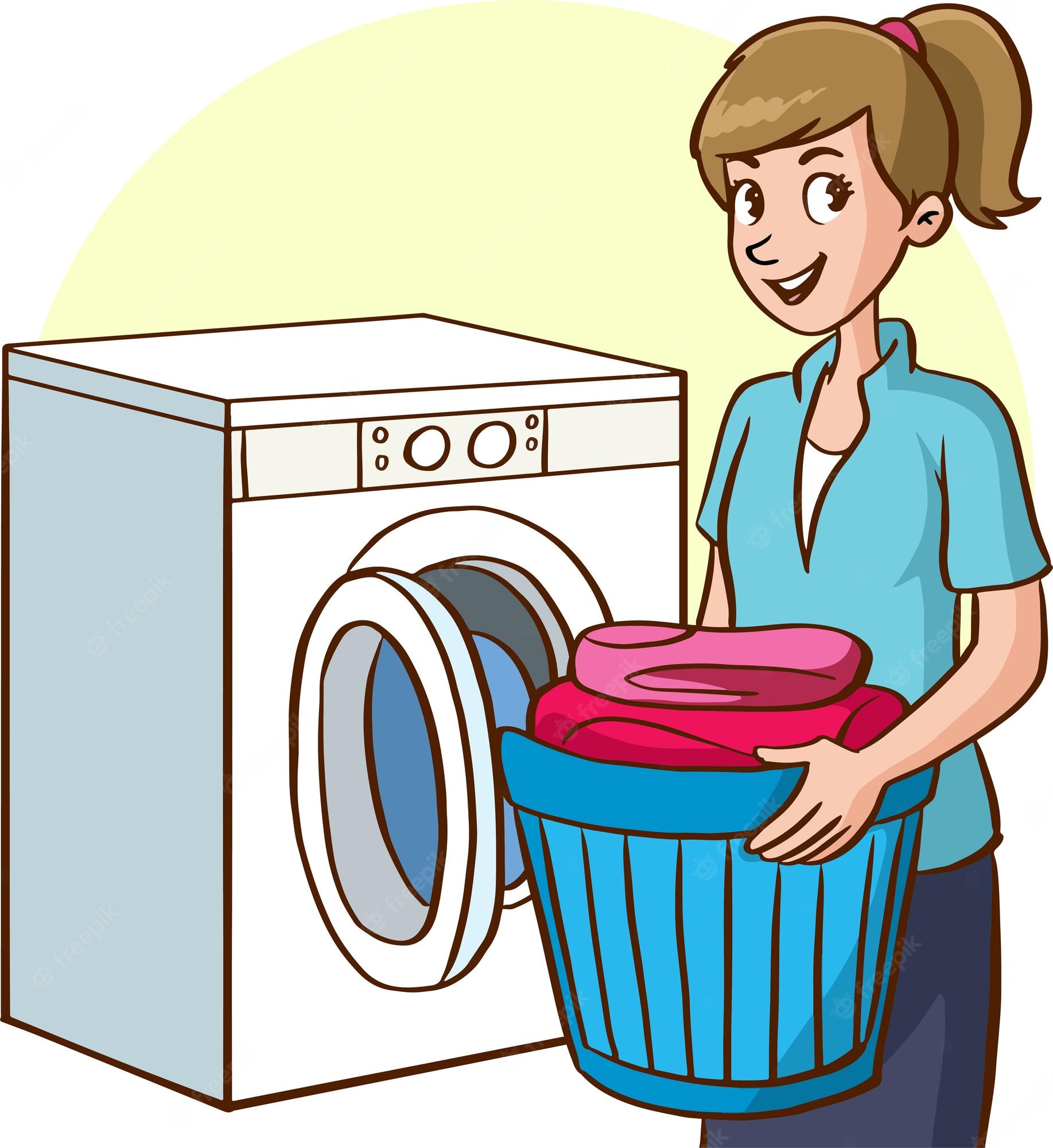 A smiling woman in a blue shirt holds a blue laundry basket full of folded pink clothes beside an open front-loading washing machine.
