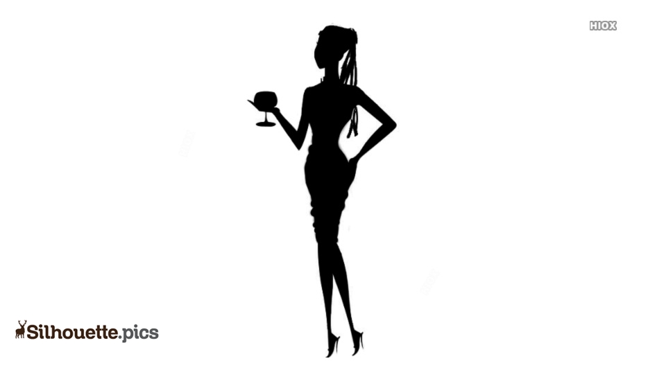 Silhouette of a stylish woman in a fitted dress holding a wine glass, with one hand on her hip and braided hair.