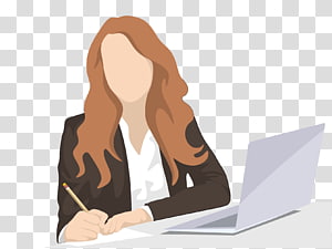 Woman with long brown hair in business attire writing notes beside a laptop on a desk.