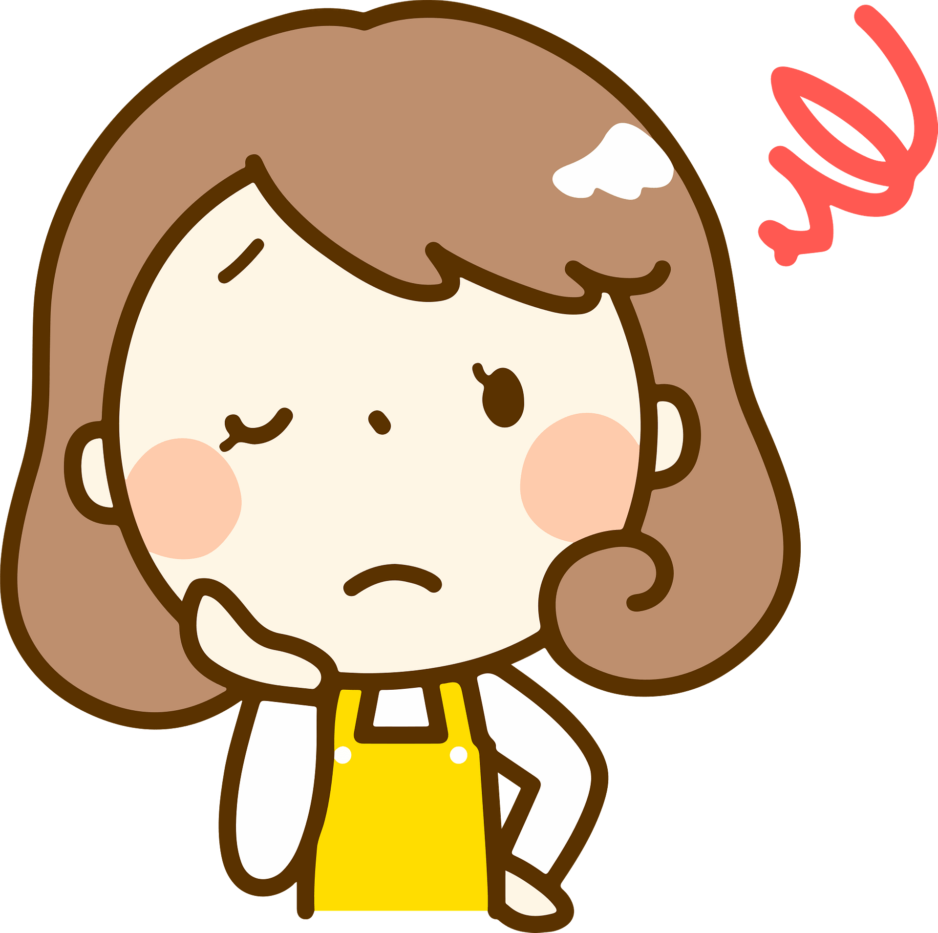 A cartoon girl with brown hair, yellow apron, and a thoughtful or confused expression, with a red squiggle indicating puzzlement.