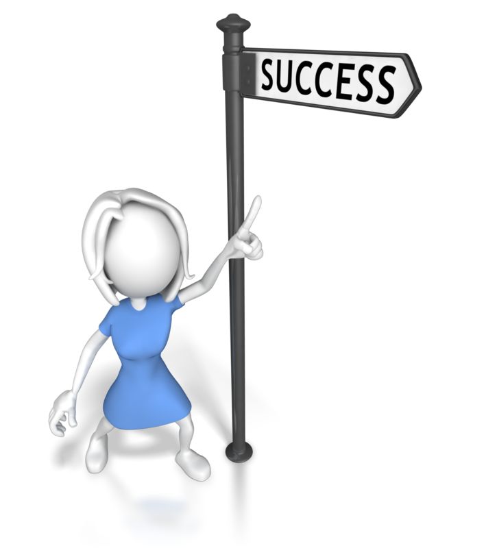 3D woman in blue dress pointing to a signpost labeled "SUCCESS" on a white background.