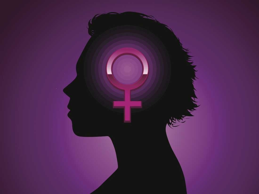Silhouette of a woman’s profile with a glowing pink Venus symbol radiating from her head against a purple gradient background.
