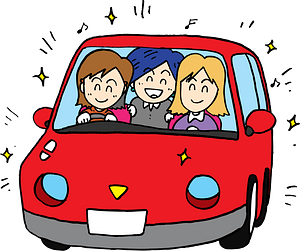 A cheerful cartoon family of three-driver, passenger, and backseat child-smiling in a red car with sparkles around it.