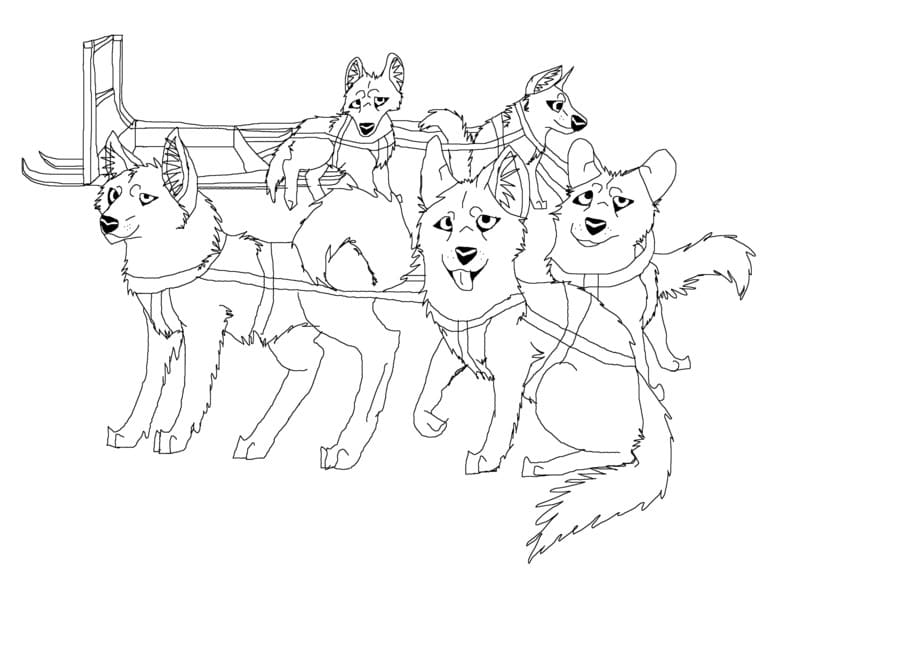 A black-and-white line drawing of five husky-like sled dogs pulling a wooden sled, with expressive faces and harnesses.