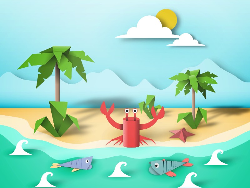 Tropical Beach Paper Art Illustration - Crab, Fish & Palm Trees
