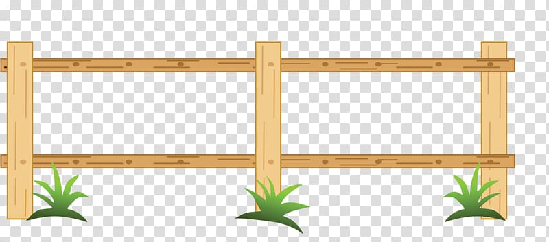 Simple wooden fence with three vertical posts, two horizontal rails, and green grass tufts at the base on transparent background.