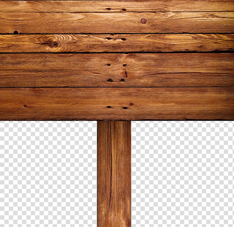 Rustic wooden signboard with horizontal planks and vertical post on transparent background.