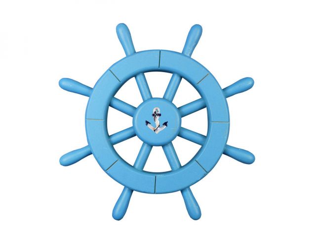 Light blue wooden ship’s wheel with anchor emblem at center, nautical decor item.