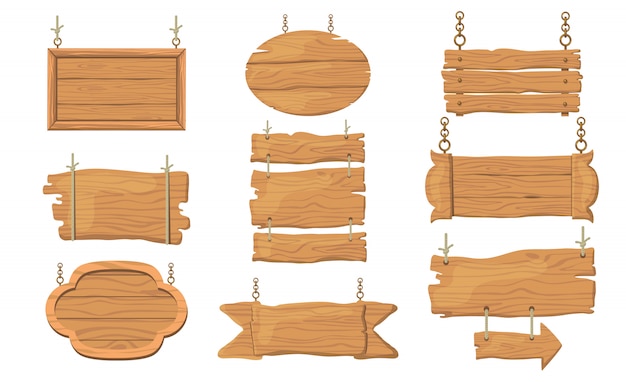 Collection of nine rustic wooden signs in various shapes-rectangular, oval, arrow, cloud-hanging by chains or ropes, ideal for vintage decor.